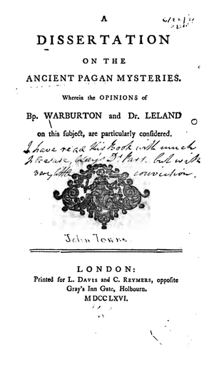 A Dissertation On The Ancient Pagan Mysteries J Towne 1766 cover image.
