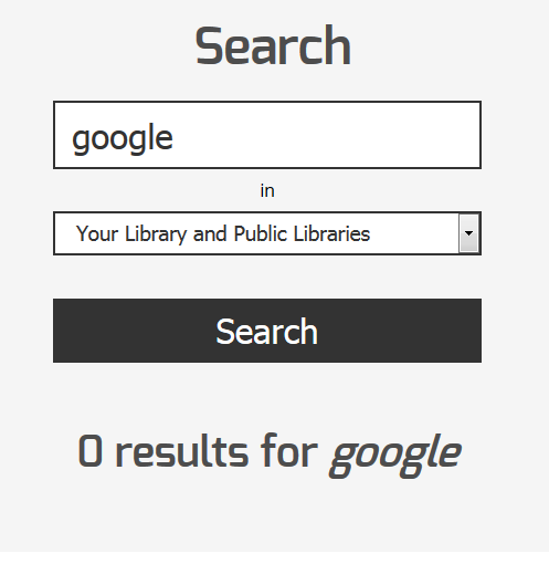 Screenshot of the Book Search box with the searched phrase: 'google', but no results.